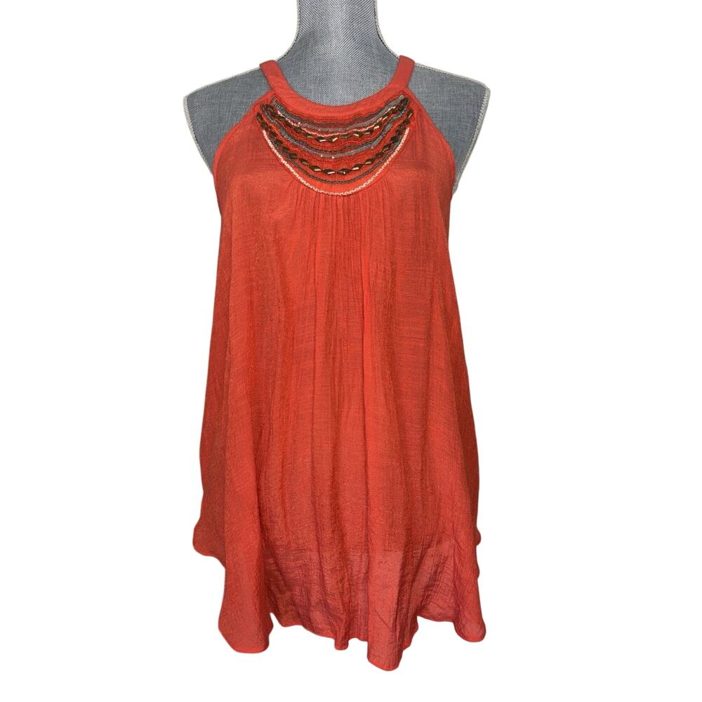 Orange Flowy Beaded Sequin Sleeveless Top Boho Hippie Festival Large